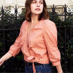 🔶 Madewell puffy sleeves, coral blouse, crop top, stars, front tie size XXS 🔶